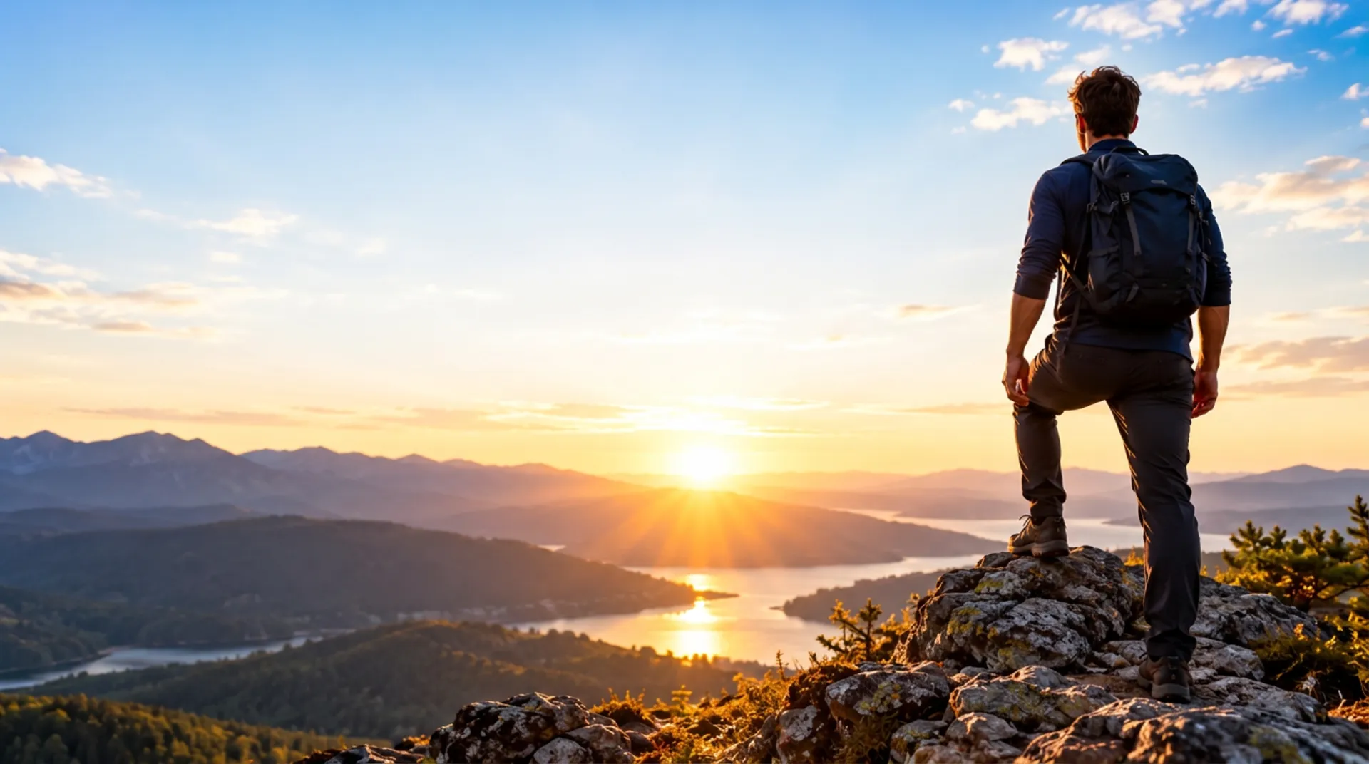 Hiker standing on a rocky summit overlooking a lake at sunrise
